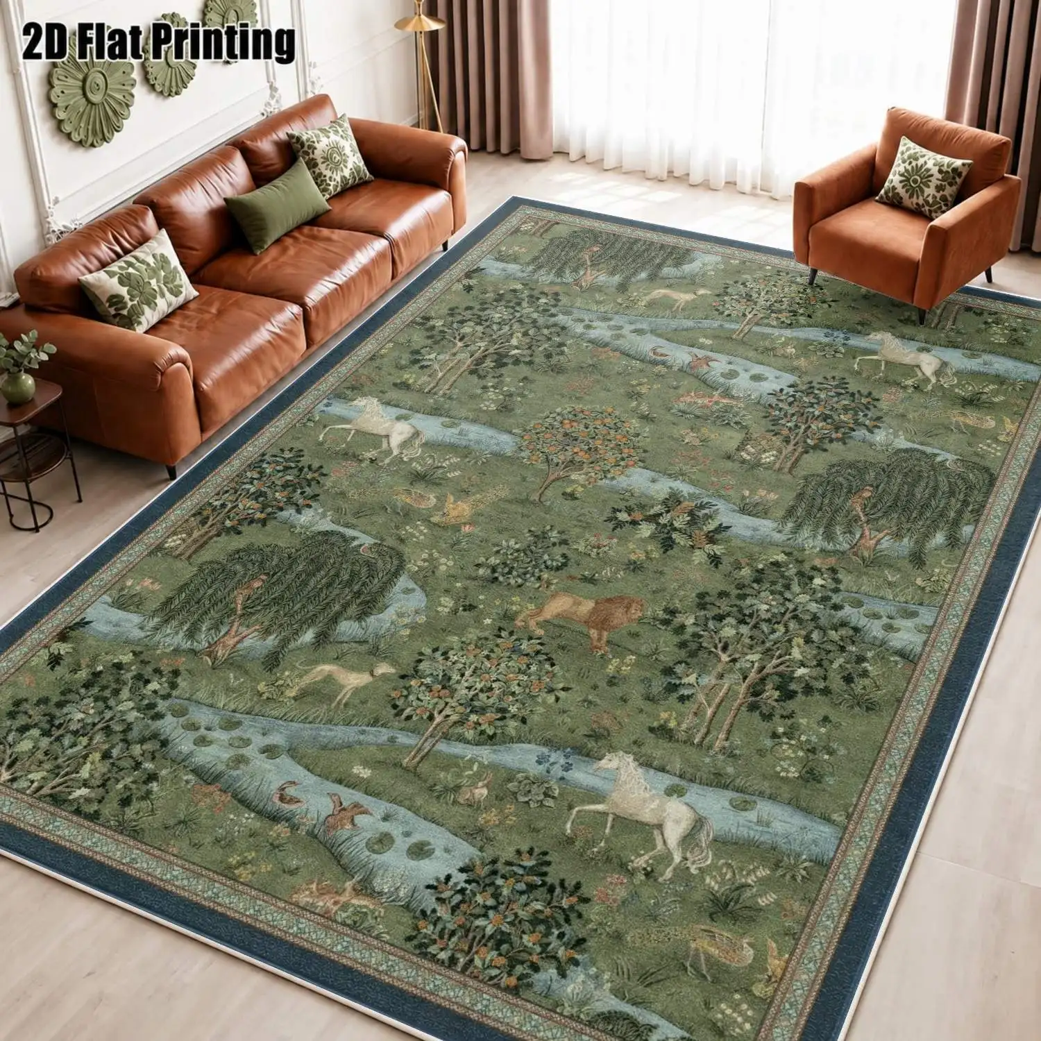 1Pc 2D Printed Velvet Carpet, Green Forest Animal Pattern European Vintage, Instagram/Nordic Style, Home Decor Floor Mat, Multi-Size, Machine Washable, for Living Room, Bedroom, Dining Room, Entrance, Study.