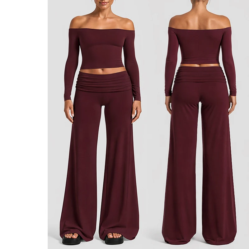 Women Off Shoulder Long Sleeve Yoga Suit Women's Tracksuit Sports Outfits Gym Clothes Running Workout Athletic Wear Flared Pants