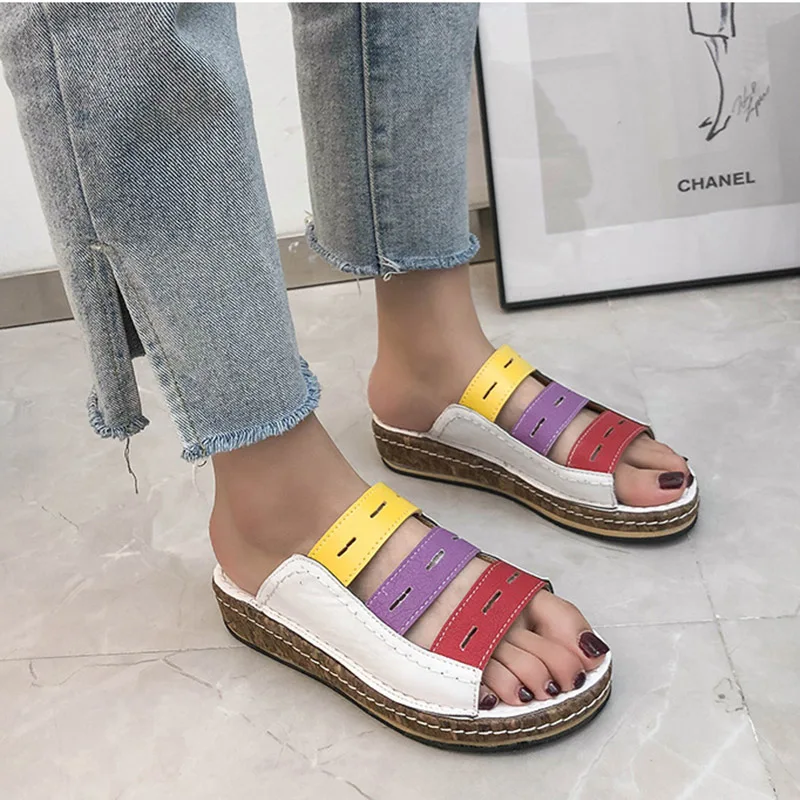 Women Slippers Ladies Hollow Out Mixed Colors Flip Flops Fashion Sewing Wedge Sandals Cork Shoes Platform Female Slides