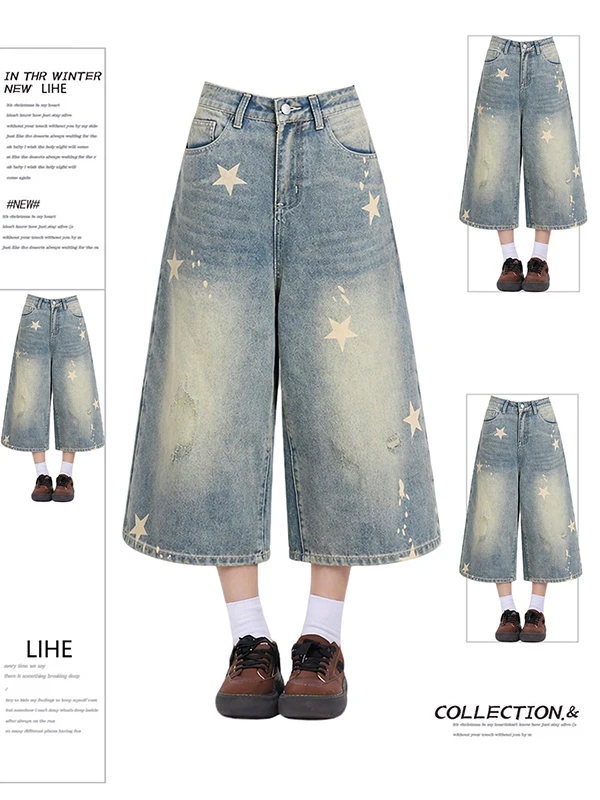 

American Retro Star Print Wide Leg Denim Shorts Women Summer plus Size High Waist Slim Straight Seven Inch Pants Casual Style