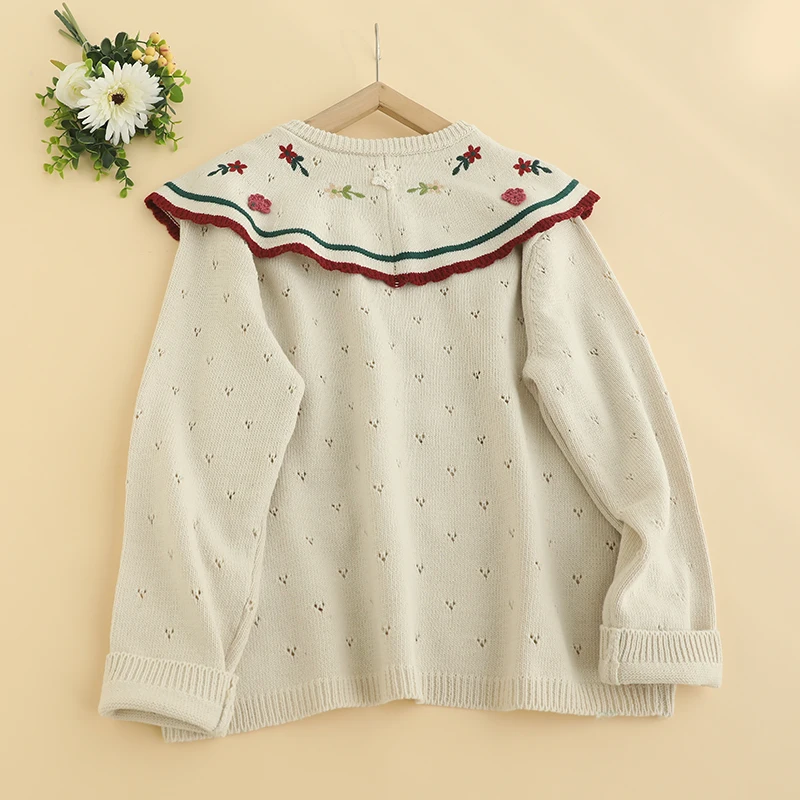 Autumn New Sweet Mori Style Embroidered Knitted Sweater Women Long Sleeve Single Breasted Sweater D197