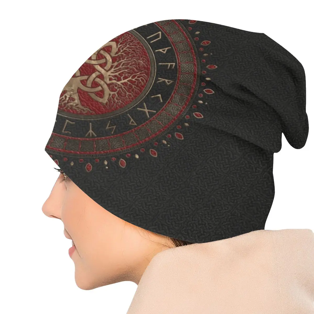 Vikings Beanie Bonnet Knitted Hat Unisex Tree Of Life With Triquetra Black Red Leather Warm Winter Skullies Beanies Cap for Ski