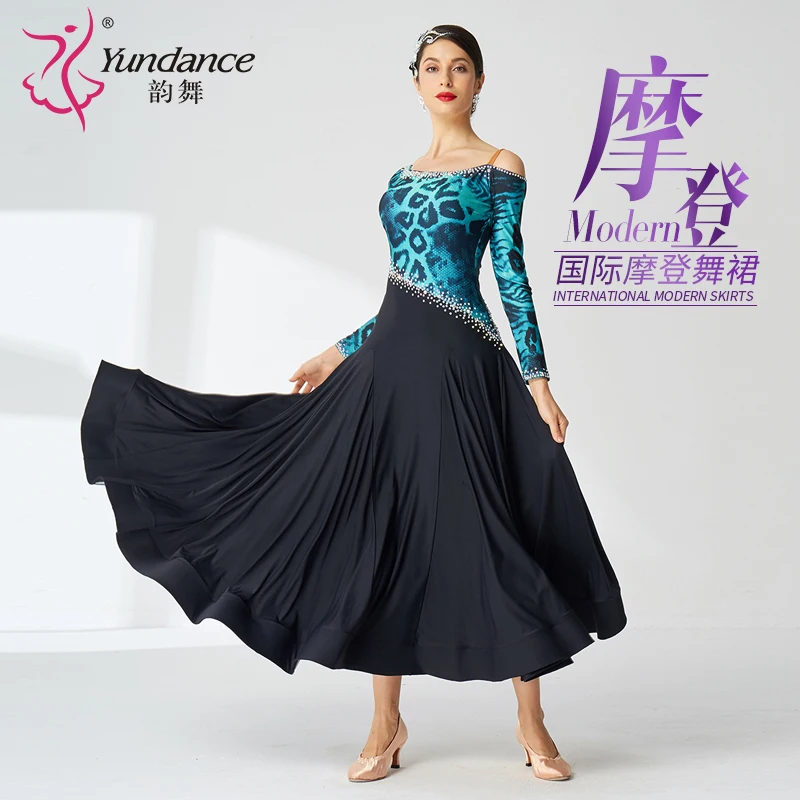 M-19389 Print and Black Color Matching Design National Standard Modern Dance Practice Dress Custom Social Dance Waltz Dress