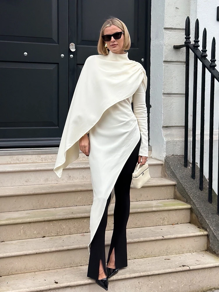 

Асимметричное двухслойное женское платье с шалевым воротником, модное, белое, с асимметричным подолом, весна 2026, новинка