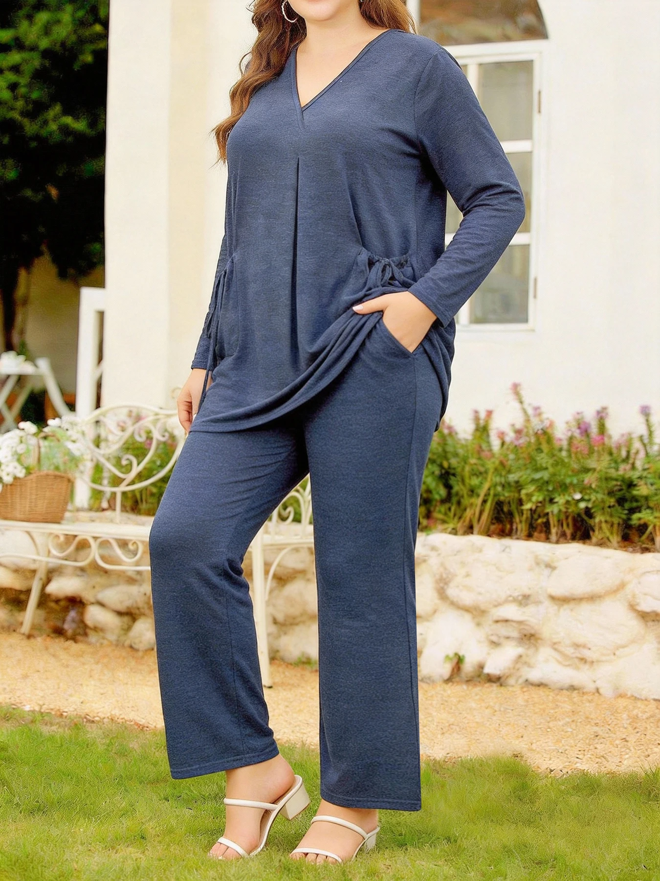 Plus Size Women's Heather Navy V-Neck Drawstring Waist Top + Wide Leg Pants Casual Two Piece Set