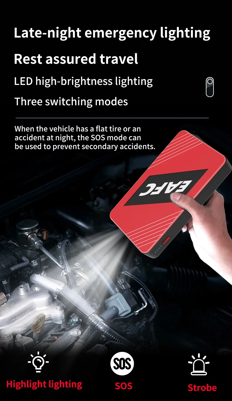 EAFC 600A Peak Car Jump Starter Power Bank, tragbarer 12-V-Batterieladegerät-Booster mit USB-Anschluss und SOS-LED-Licht – Detail 3