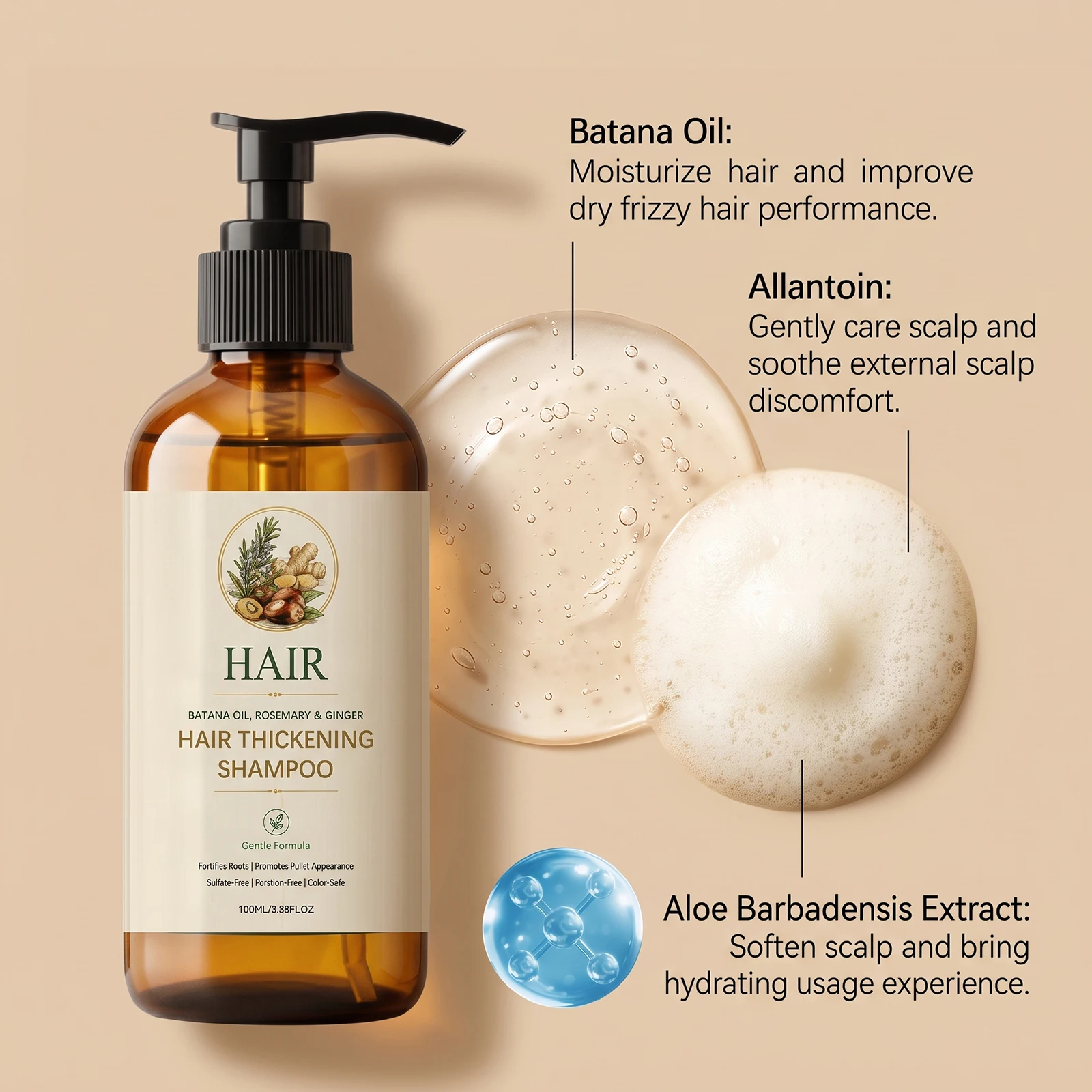 Hair Thickening Volumizing Shampoo Batana Oil Rosemary Ginger Rich Foam Gentle Cleansing For Fuller Hair Appearance