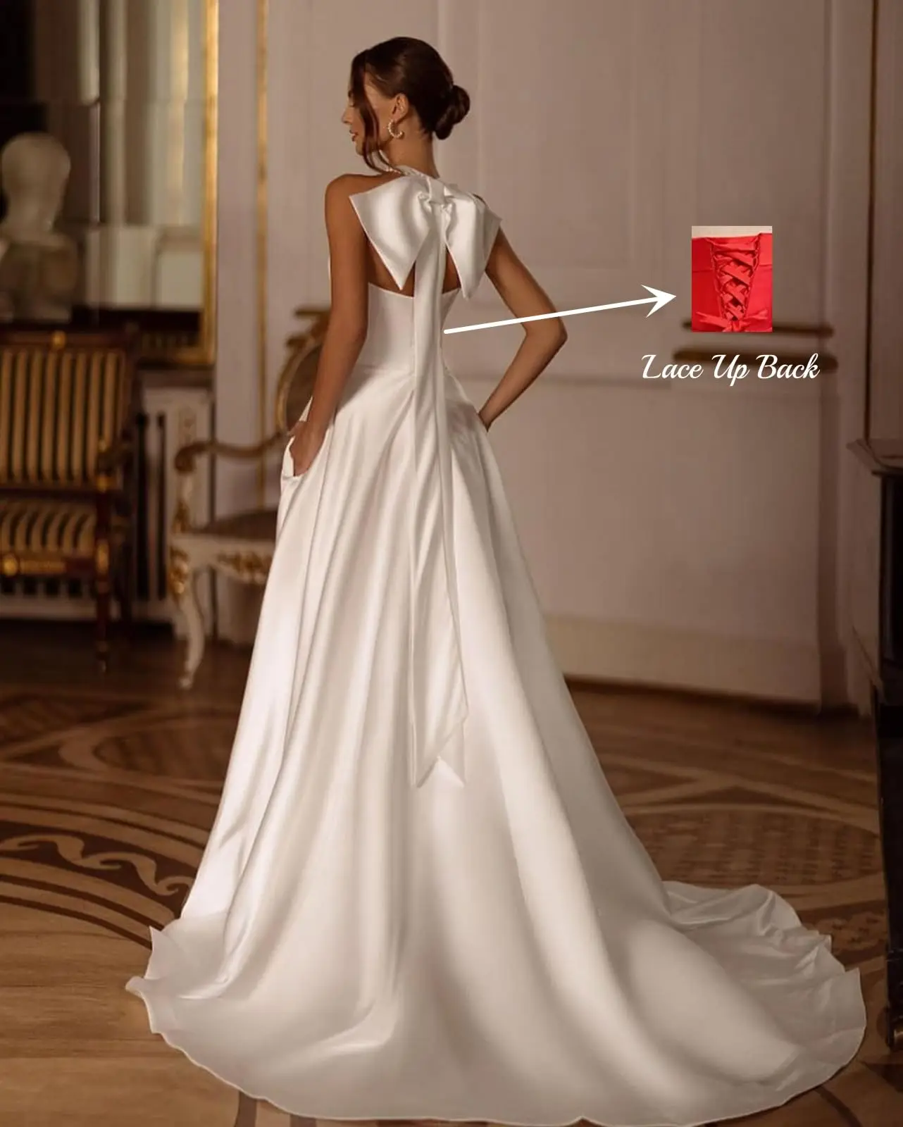 ウェディングドレス サイドスリット セクシー ブライダルローブ Aライン 光沢のあるサテンガウン リボン レースアップ エレガント Vestidos De Novia カスタマイズ