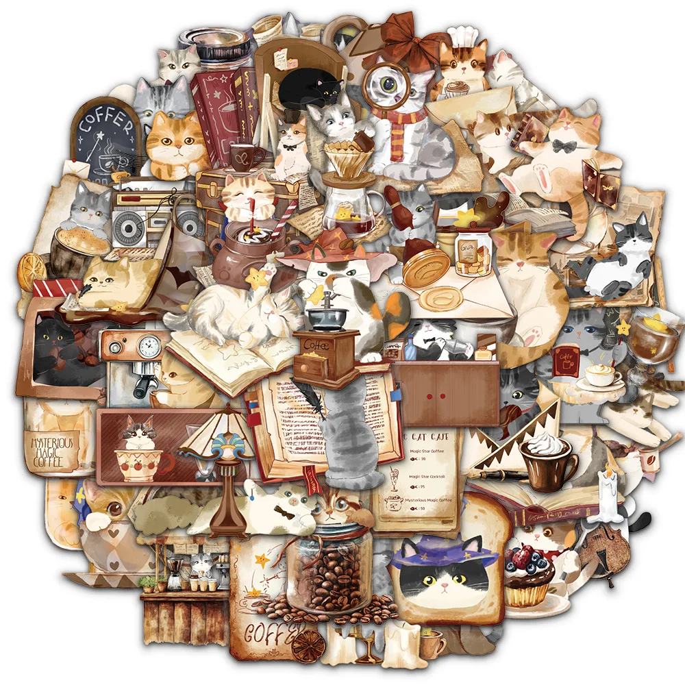 50PCS Nette Cartoon Magische Katzen Café Kreative Graffiti Aufkleber Telefon Sammelalbum Skateboard Gitarre Notebook Wasserdichte Dekoration