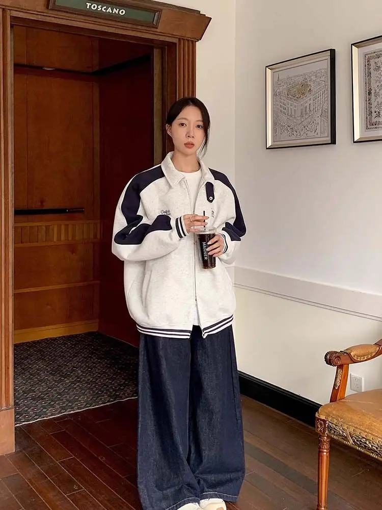 

Korea Casual Contrasting Color Splicing Casual Baseball Uniform Women Spring New Lazy Style Loose Cardigan Sweater Jacket