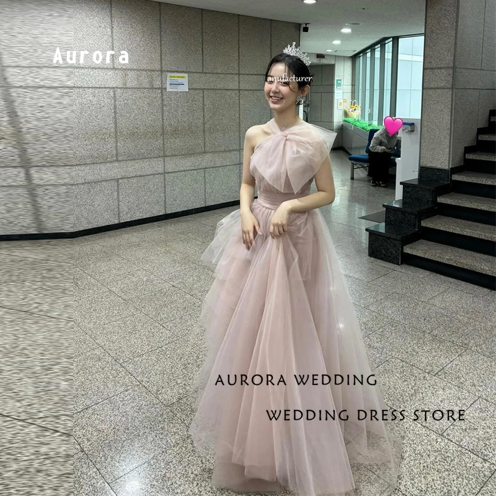 

Fairy Dusty Pink Tulle Evening Dresses Korea Wedding Photoshoot Bow Floor Length Prom Gowns Party Dress Long