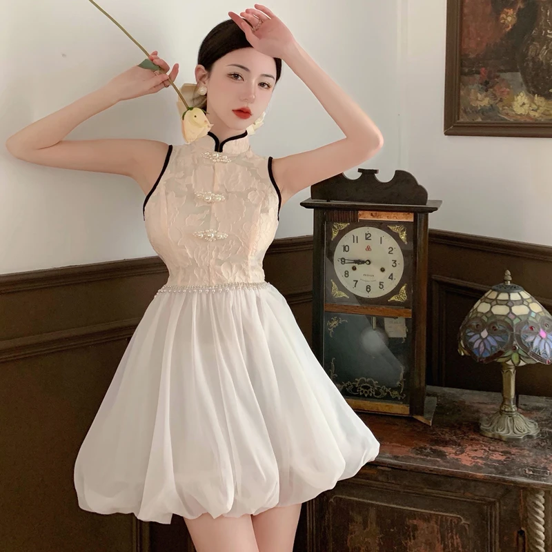 

Women Elegant French White Princess Party Dress Chinese Style Retro Cheongsam Korean Sleeveless Mini Qipao Dress Vintage Vestido