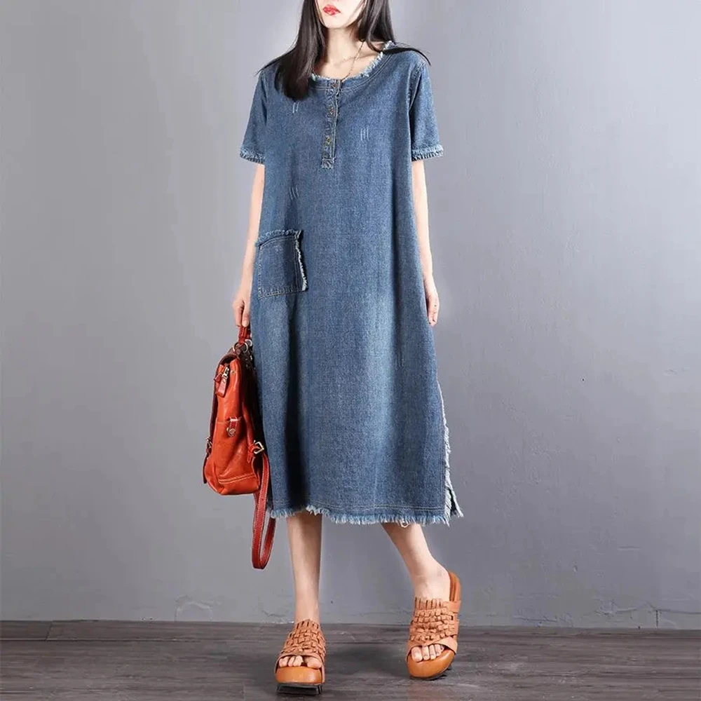 2023 Summer Women\'s Casual O Neck Short Sleeve Jean Dresses Female Pullover Denim Loose Mid Calf Dress