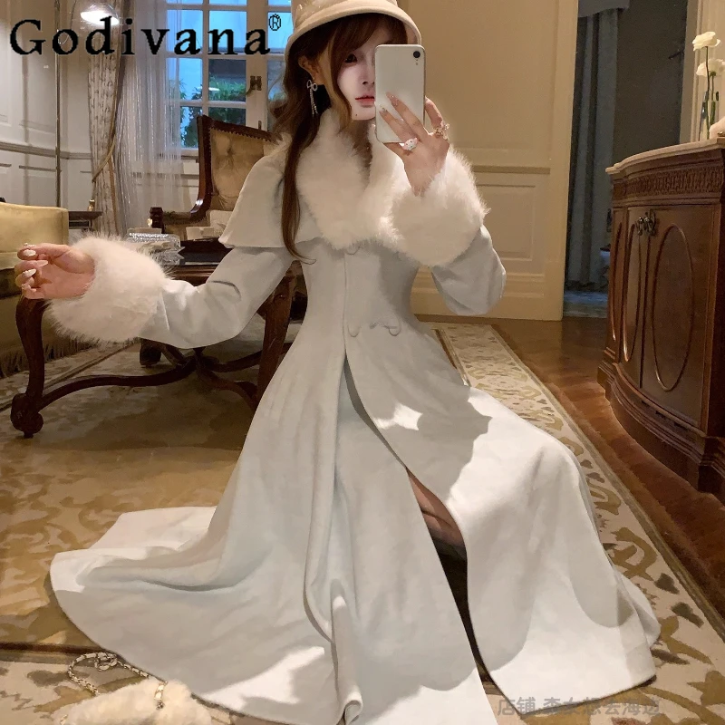Warm Winter Long Woolen Coat with Fur Collar Female Original New Japanese Style Gentle Lolita Overcoat Women Lolita Wool Coat