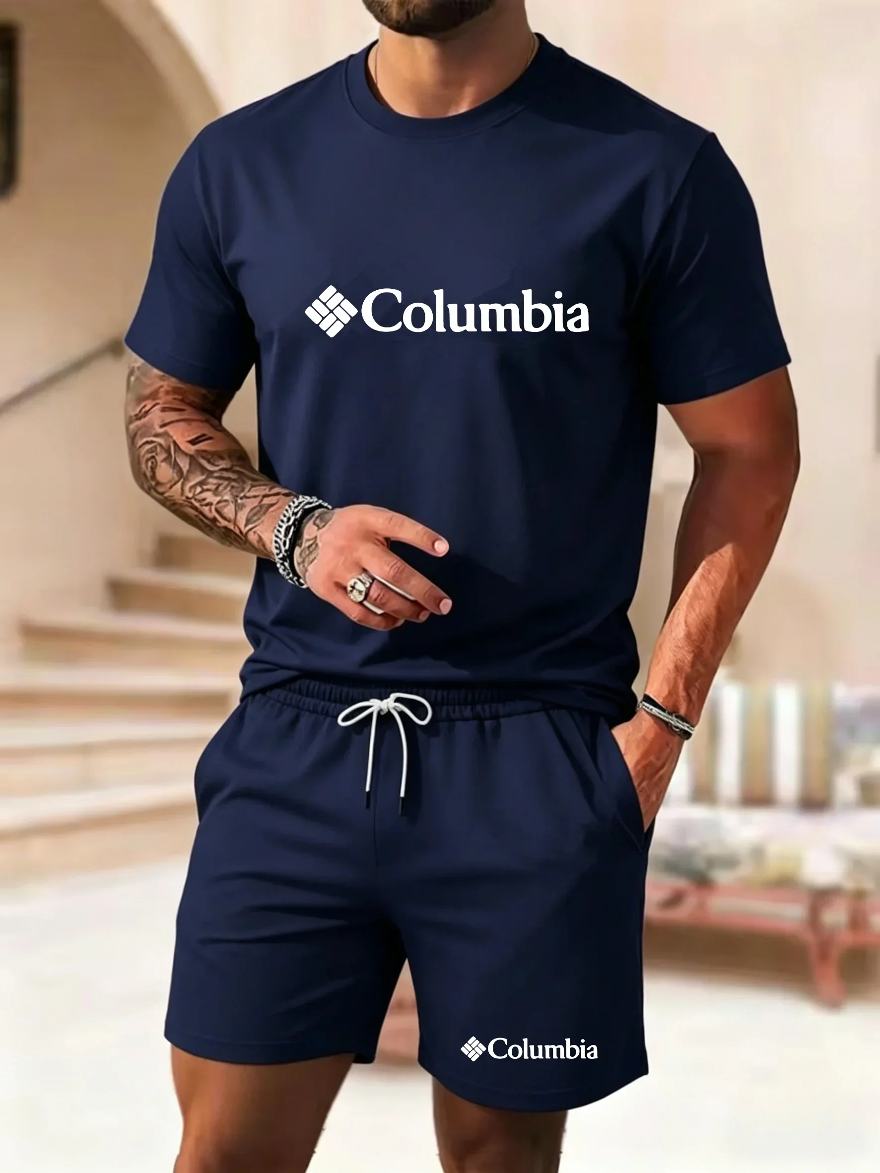 European American Trendy Men's Summer New Outdoor Sports Suit Printed Short Sleeved T-shirt+shorts Loose Casual Two-piece Set