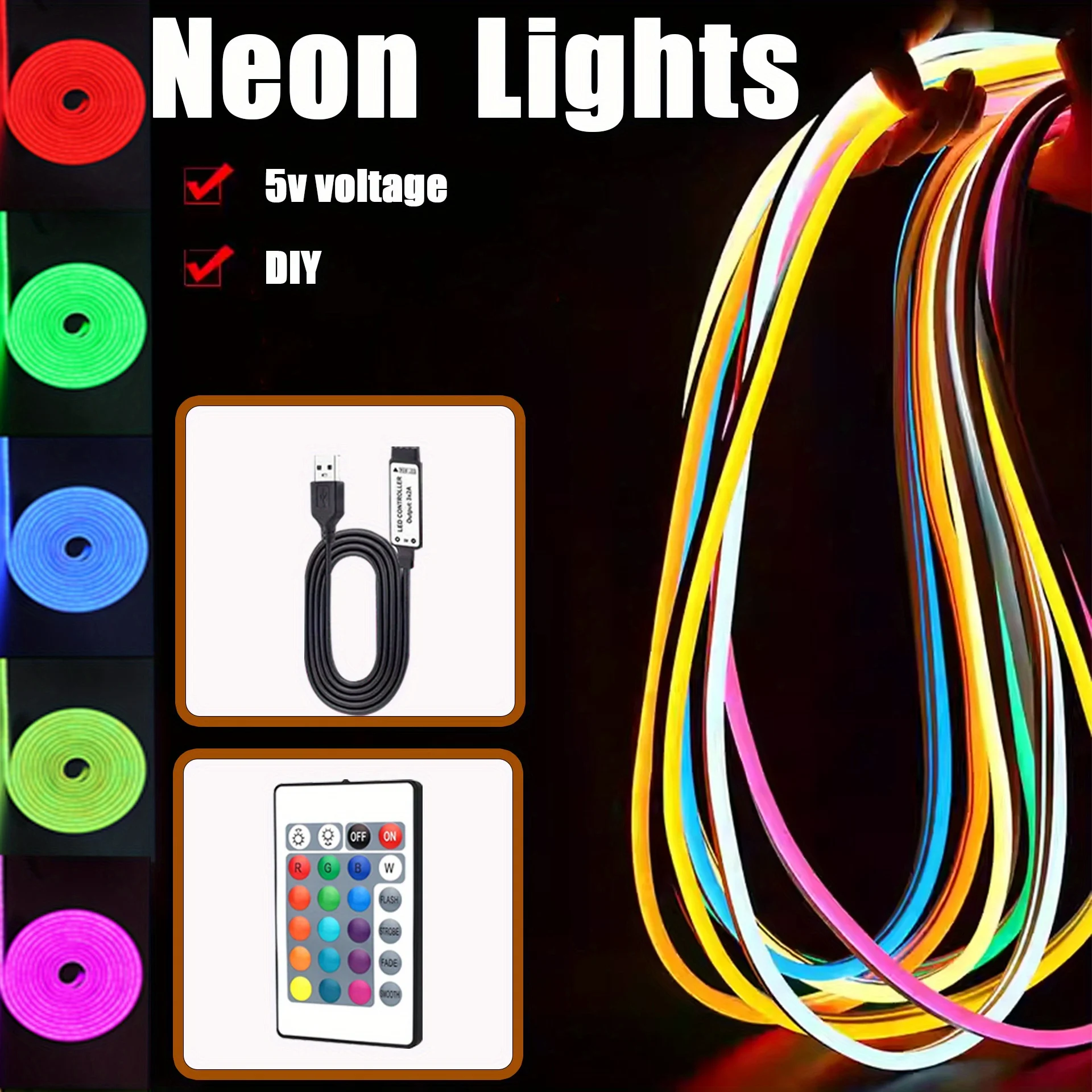 USB Powered Neon Strip Light with Remote,Flexible RGB LED Neon lamps for DIY Projects,Bedroom,TV Backlight,HalloweenChristma