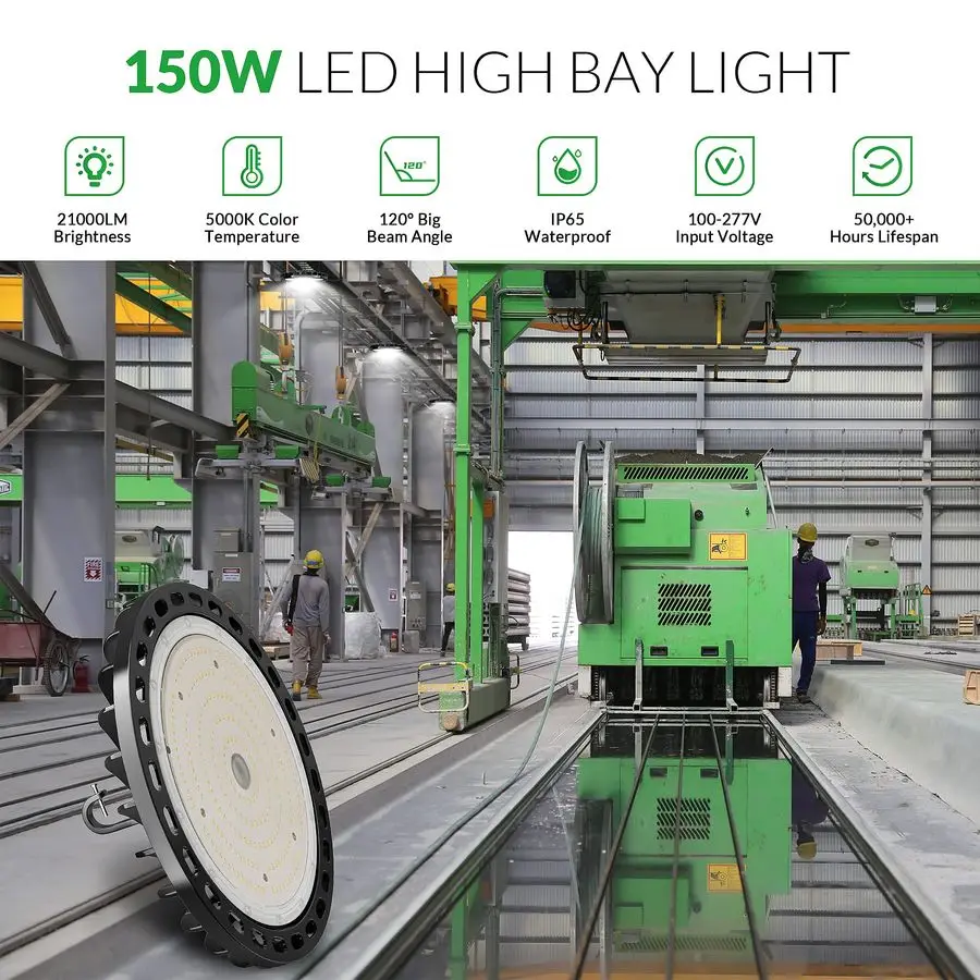 

Промышленный светильник High Bay 150 Вт, 22500 лм, с вилкой стандарта США, кабель 5 футов, 150 лм/Вт, 5000K дневной свет, водонепроницаемый, для коммерческих складов и мастерских, тип UFO