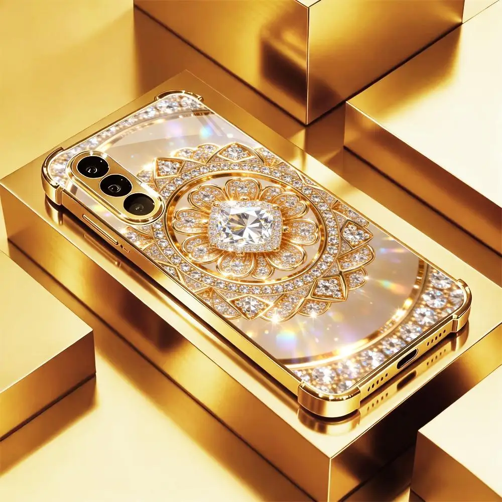 Sleek Gold Mirror Floral phone case s26 ultra case 폰케이스 s25 ultra glass for Samsung Galaxy S26 S25 S24 S23 S22 FE,Ultra,Plus