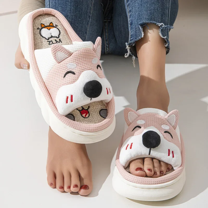 Linen Platform Slippers Women Home Cute Cartoon Dog Designer Shoes Girls Fashion Casual House Slipper Ladies Elegant Open Toe