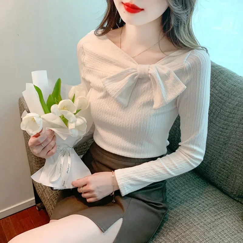 

New Bow Patchwork White T Shirts Long Sleeve Slim All-match Sweet Tops Tees Spring Autumn Fashion Temperament Women Clothing