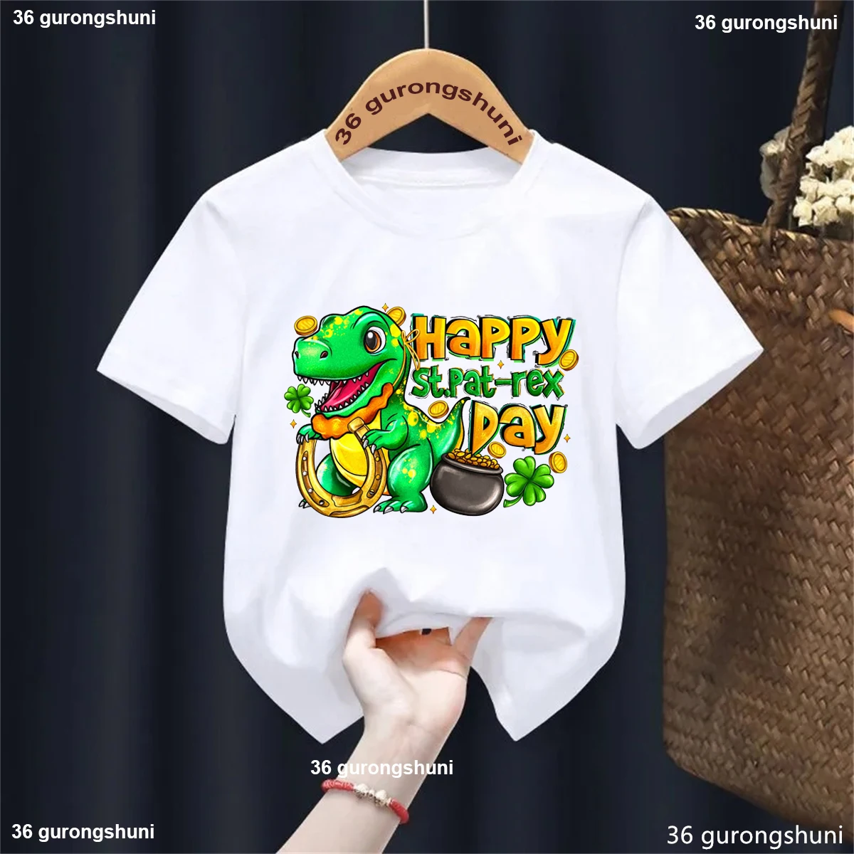 

Happy St Patrick'S-Rex Day Dinosaur Graphic Printed Tshirt Girls/Boys Kawaii Kids Clothes Summer White/Pink/Blue/Yellow T-Shirt