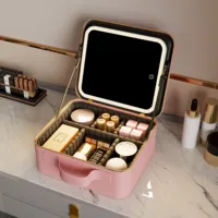 Pu Travel Eva Partitions Storage Cosmetic Case Light Up Box Vanity Organizer Portable Makeup Bag Mirror With Led Light