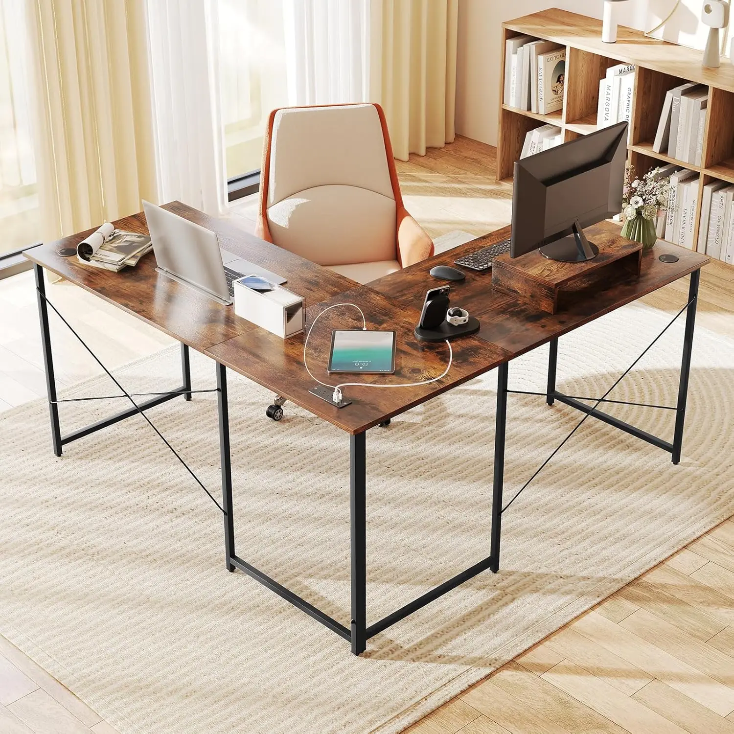 L-Shaped Computer Desk with Power Outlets, 95\u201d Long 2-Person Desk with Monitor Shelf, Modern Corner Desk Gaming Table with