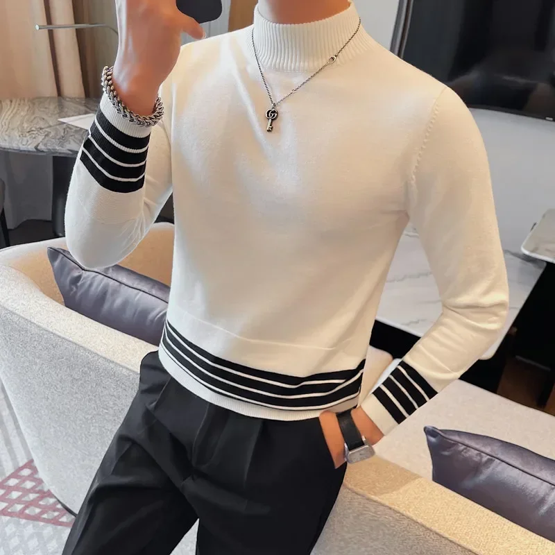 

Men's High Quality Fashion Casual Sweaters/Male Slim Fit Striped Casual Knit Sweaters/Man High-neck Pullover 4XL-M