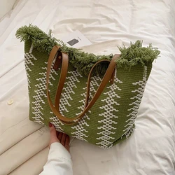 Casual Travel Stripe Design Shoulder Bag New Tassel Handbags Woven Canvas Bag Women's Large Capacity Tote Bag