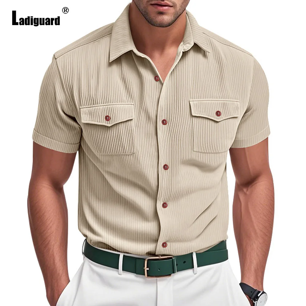 2025 Summer New Corduroy Shirts Lepal Collar Basic Tops Men's Stand Pocket Casual Blouse Plus Size 3xl Mens Cargo Shirt Camisa