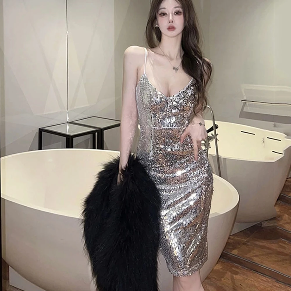 Sexy Club Dress 2022 silver Sequins Dress Glitter Straps Short Cocktail Party Dress Disco Dance Dress Nightclub Dress