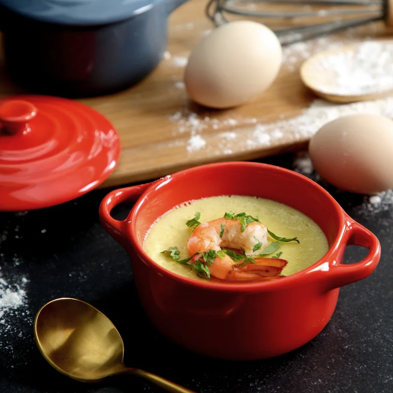 JUSTINLAU Ceramic Double Ear Bowl Mini Ceramic Glazed Baking Bowl Breskfast Steamed Egg Pudding Bowl Soup Bowls Microwave Oven