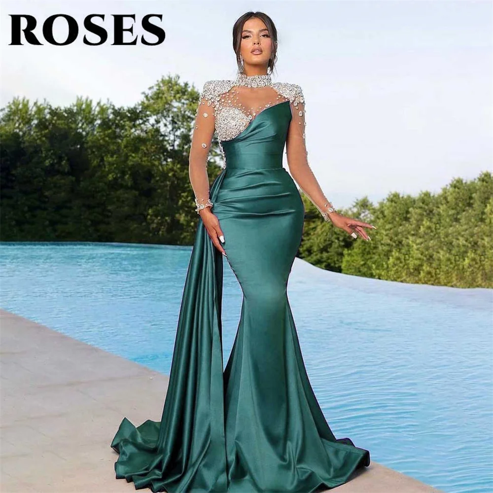 ROSES Purple Evening Dresses High Mermaid Party Dress with Pleats Satin فساتين مناسبة رسمية Regular Sleeve Crystal Prom Dresses