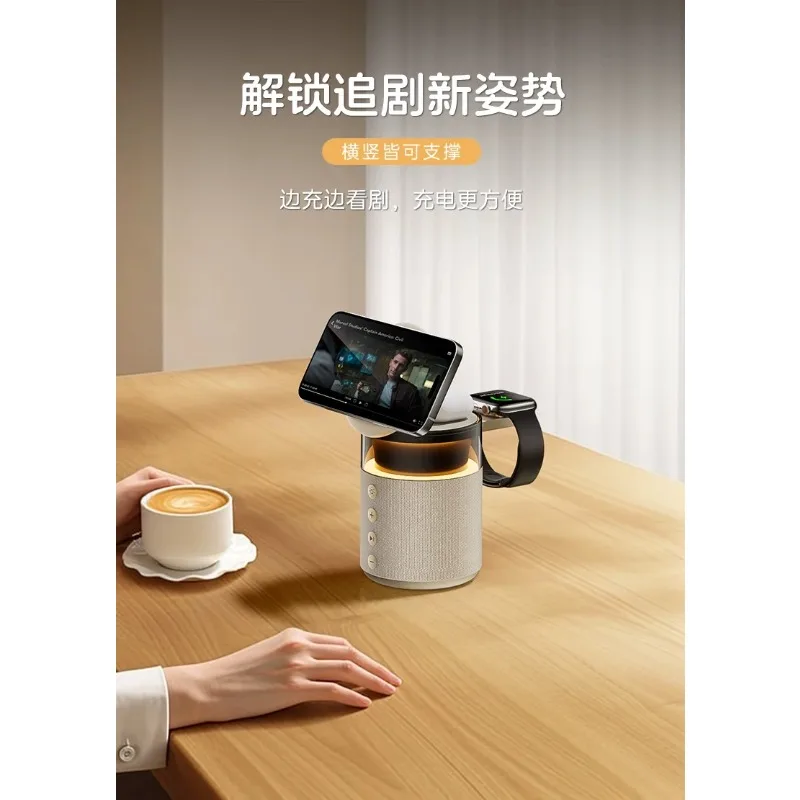 

magnetic phone stand, earphone, and smartwatch charging base. Compatible with iPhone and Apple Magsafe for fast triple charging.