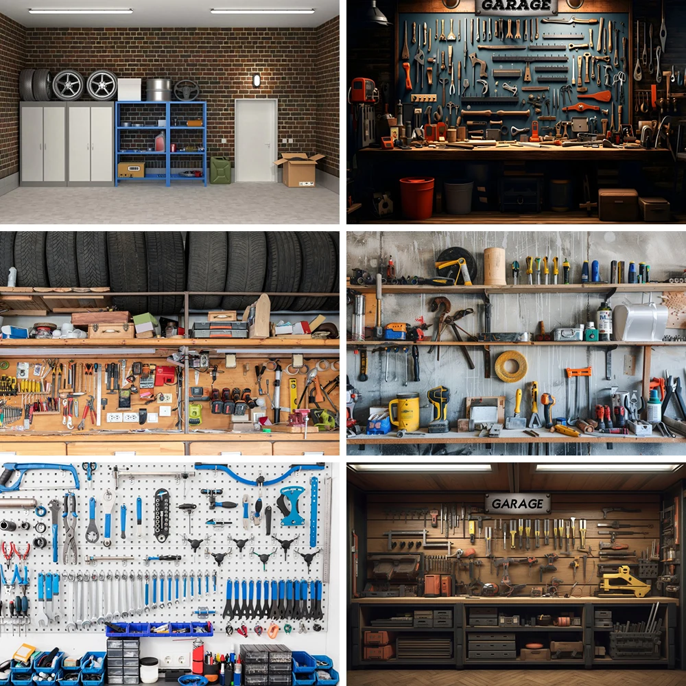 Bannière de décoration de table de gâteau d'anniversaire pour enfants, arrière-plan de maison de garage, outil de réparation de Little Atlancione, toile de fond de photographie de cabine en rondins