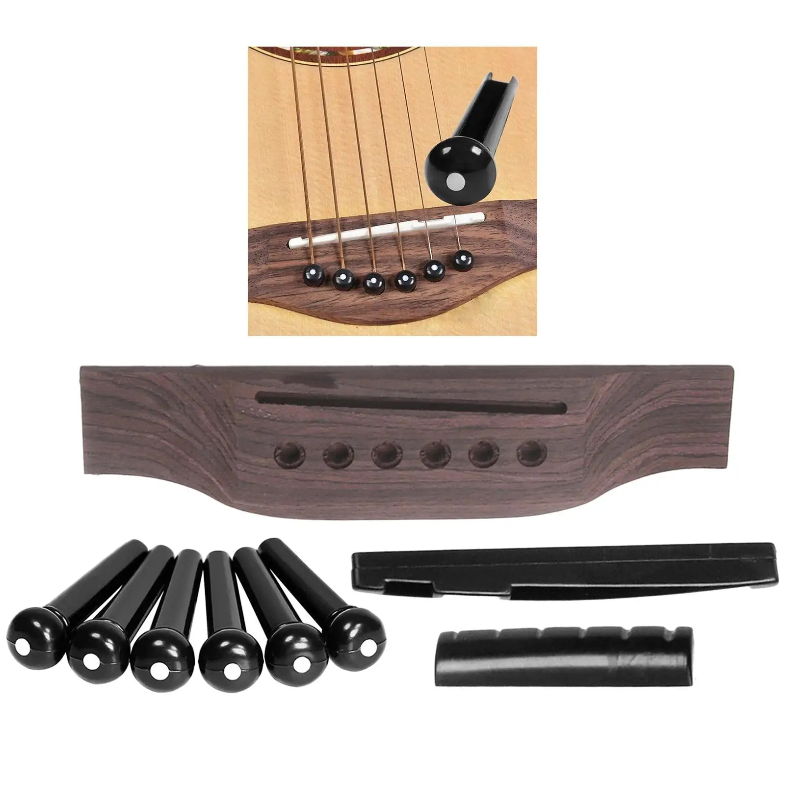 Zestaw naprawczy do gitary akustycznej, zawierający 1 drewniany mostek gitarowy, 6 plastikowych kołków, 1 siodełko i 1 nakrętkę do gitary 6-strunowej.