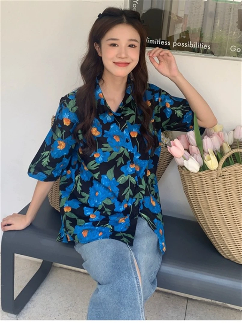 

Leisure Blue Print Shirts Button Lapel Cardigan Tops Lady Loose Half Sleeve Oversized Shirts Womens Blouses Casual Blusas Mujer