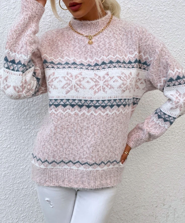 

Vintage Women's Winter Sweaters Christmas Snowflake Knitwear O-Neck Long Sleeve Sweater Casual Women's Lazy Thick Knitted Hoodie