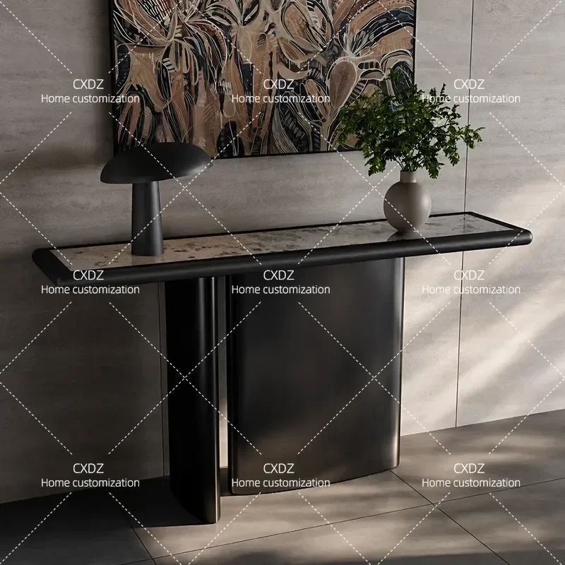 Italian Light Luxury Solid Wood Entrance Table with Natural Marble Top High End Console for Hallway Living Room Against Wall
