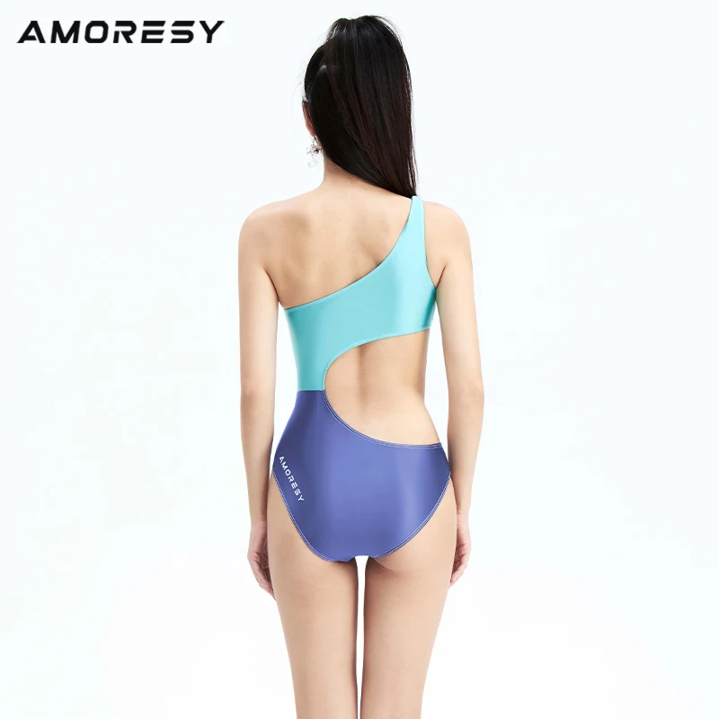 AMORESY Sterope series new asymmetrical one-shoulder waist hollowed spandex one-piece swimsuit slimming resort swimsuit