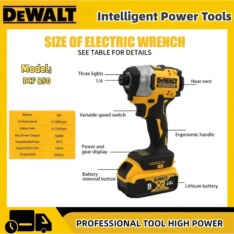 DeWALT Intelligent Electric Tools DCF850 3250RPM Brushless Impact Driver 205N.m high torque electric tool For Dewalt 20V Battery