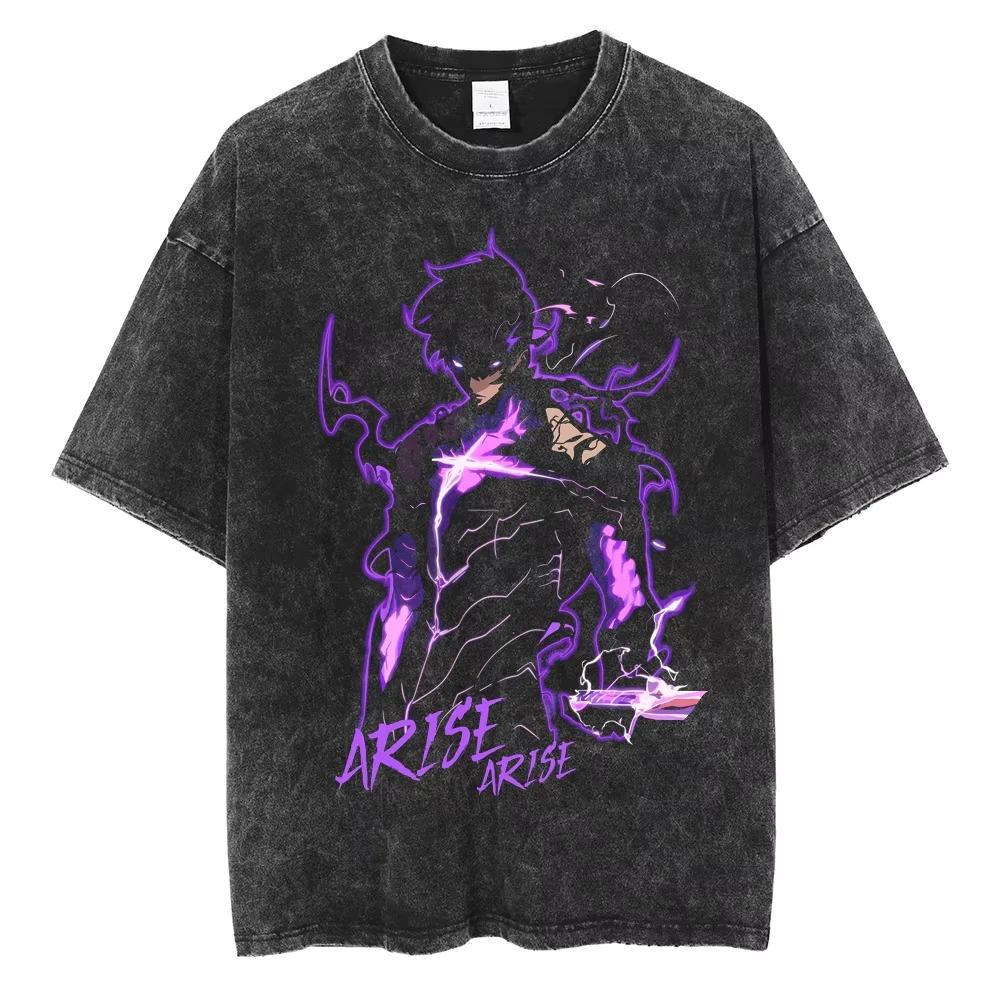 

Anime Solo Leveling Sung Jin Woo Printed Washed T-shirt Men Casual Cotton TShirts Manga Vintage T Shirt Harajuku Male Tops