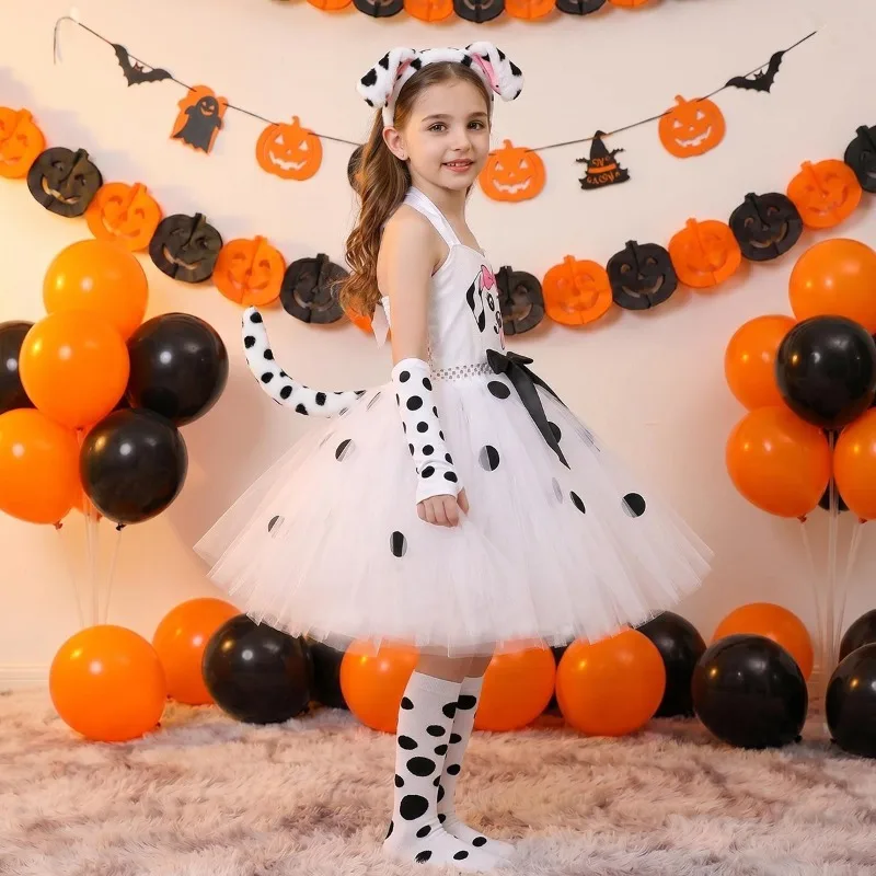 Halloween Dalmatian Print Girls Dress, Children's Day Cartoon-Themed Stage Performance Tutu Skirt Set, Festival Party Outfit