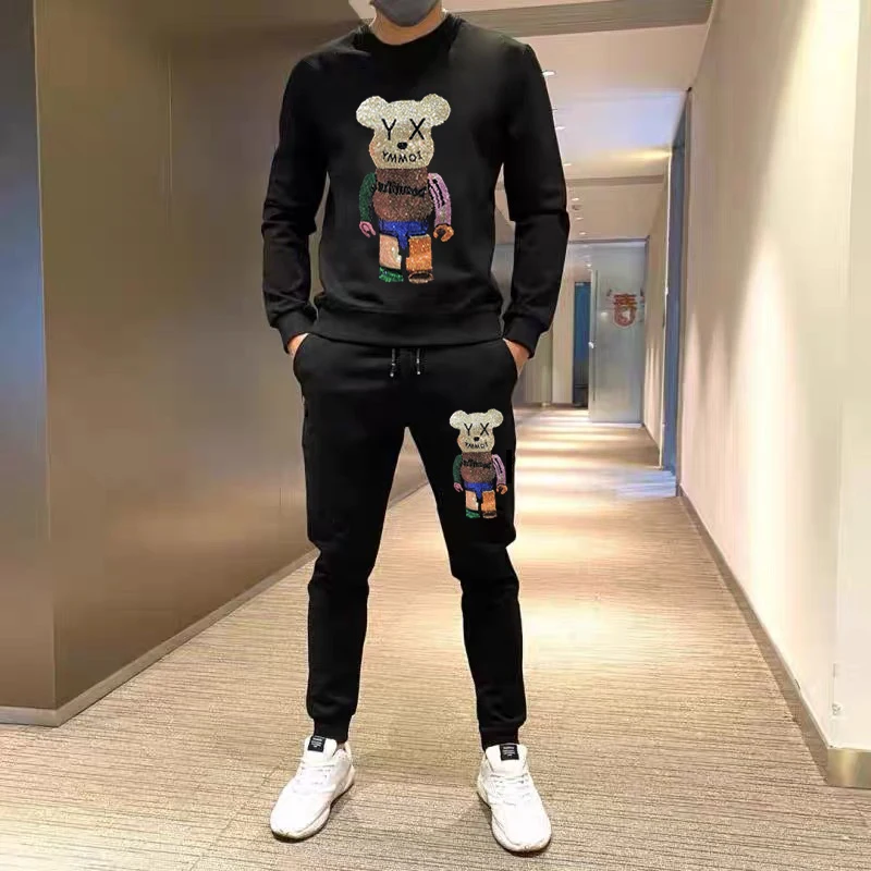 New Style Men\'s Hoodies Fashion Sets Rhinestone Hooded Sweatshirts+Pants Male Winter Sportswear Two Pieces Luxury Tracksuit