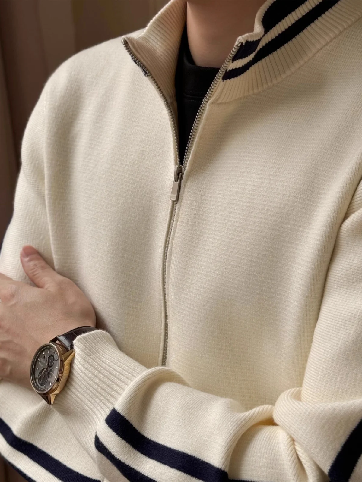 

Faionable Men's Slim Fit Color Blo Stand Collar Cardigan Knitted Sweater Casual Autumn Spring Season Versatile Outerwear