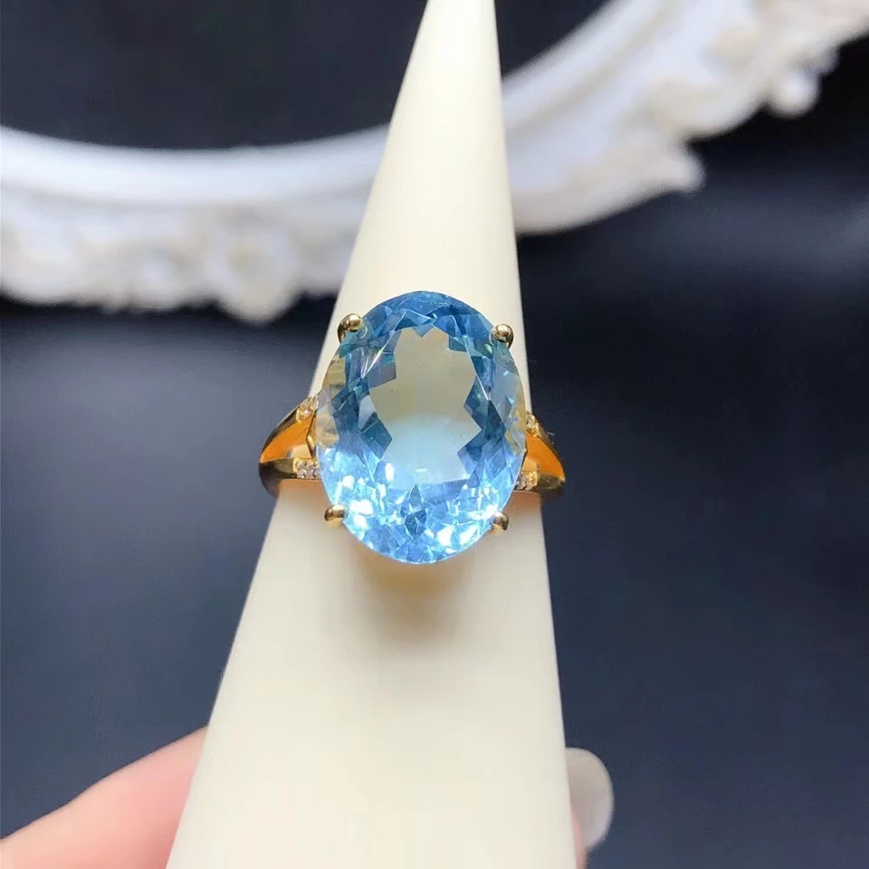 

Luxury Wedding Ring for Woman 12mm*16mm 10ct Natural Topaz Ring with Gold Plating Solid 925 Silver Topaz Jewelry