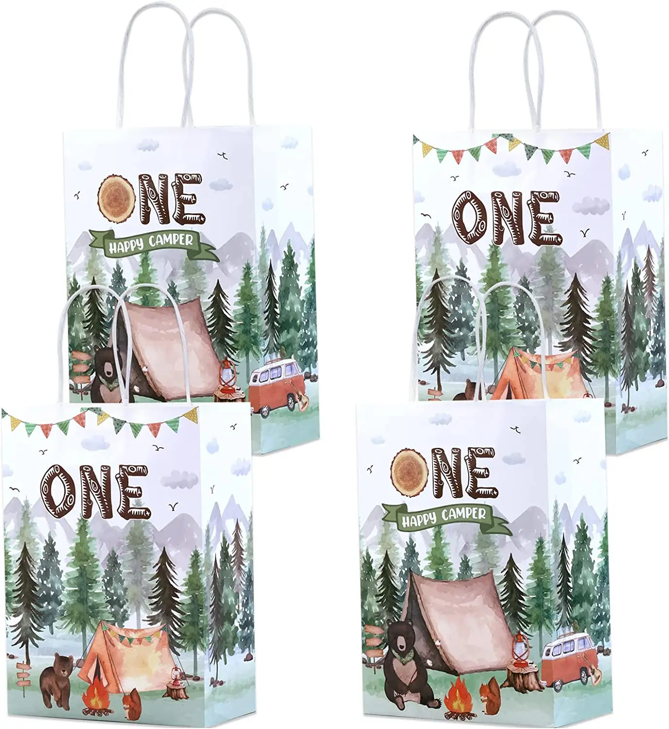 KREATWOW-Camping Theme Gift Bags, One Happy Camper Birthday Decorations for Tables, Camping Party Goodie Treat, Candy Bag, 16Pcs