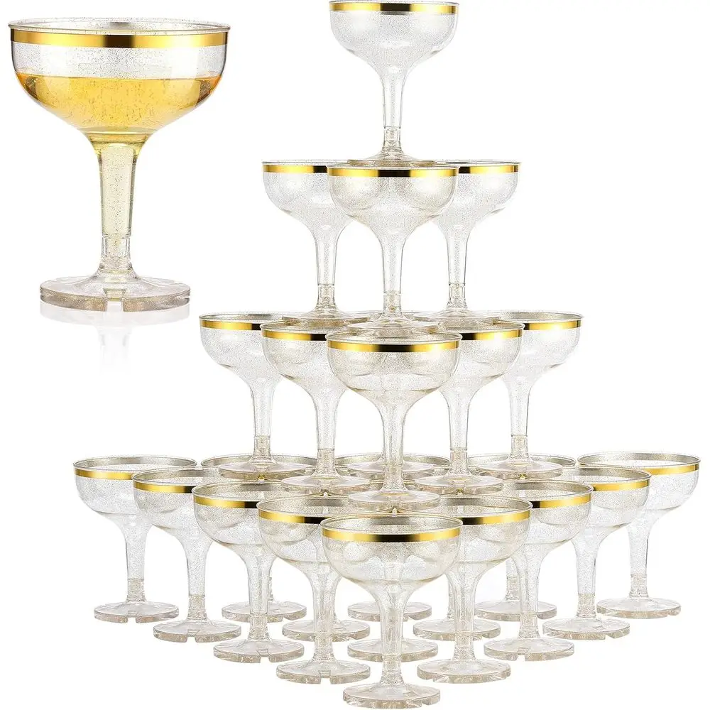 

Пластиковые бокалы для шампанского 5 унций, одноразовые коктейльные стаканы для свадеб, вечеринок, дней рождения, складные, многоразовые, с золотым ободком и блестками