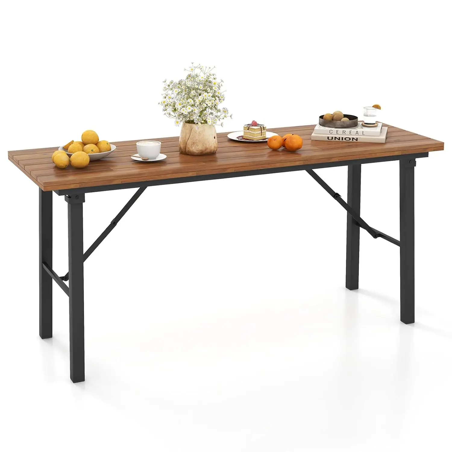 

59" Narrow Outdoor Dining Table for 4-6, No Assembly Foldable Patio Dining Table with Acacia Wood Top & Heavy Duty, Customized