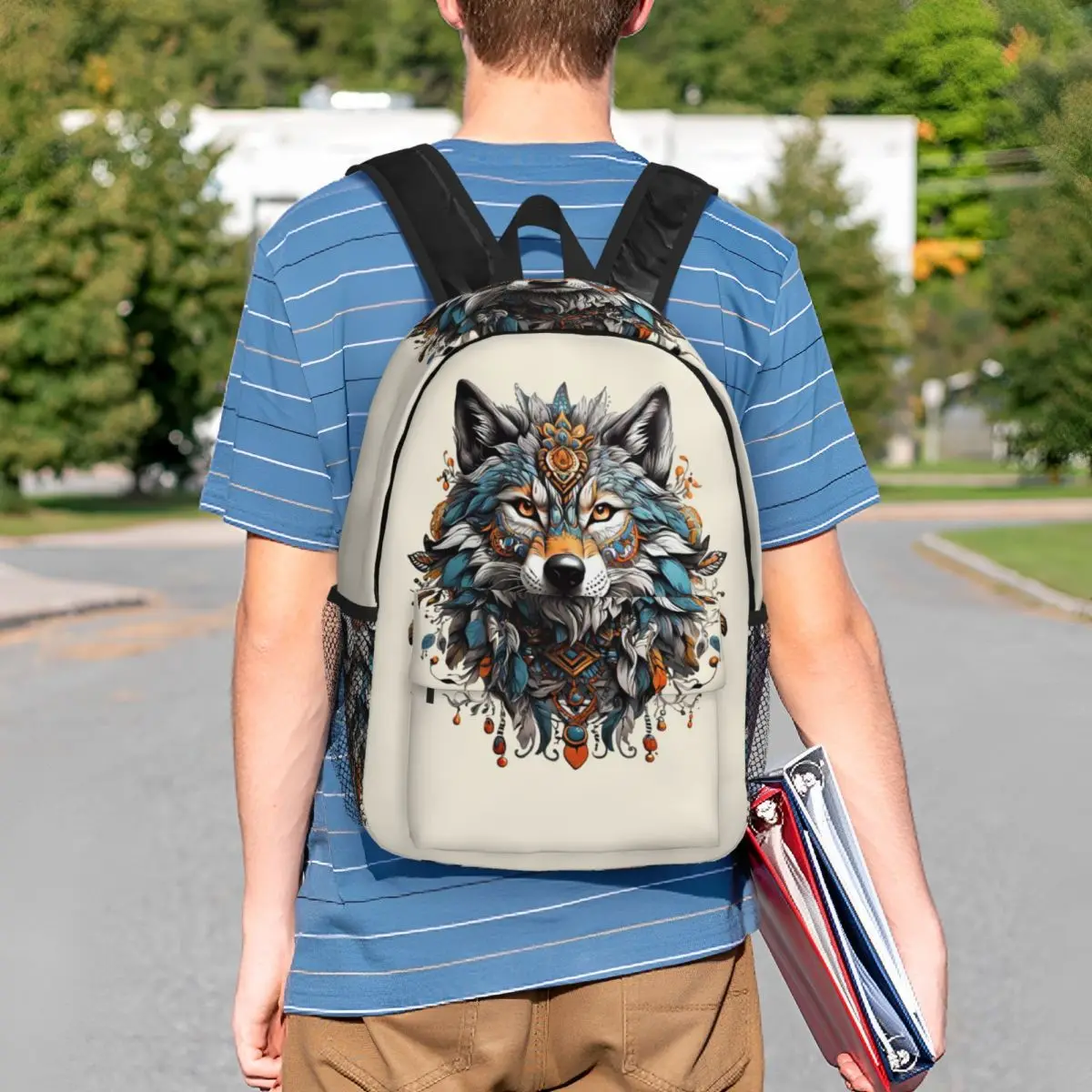 Ethnic Wolf Tradition Wolf Feather Backpack Student BookBag Kids School Bag Computer Shoulder Bags for Boys Girls